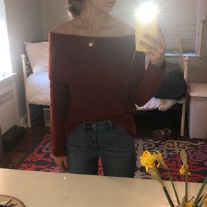 Lightly worn off the shoulder rust sweater